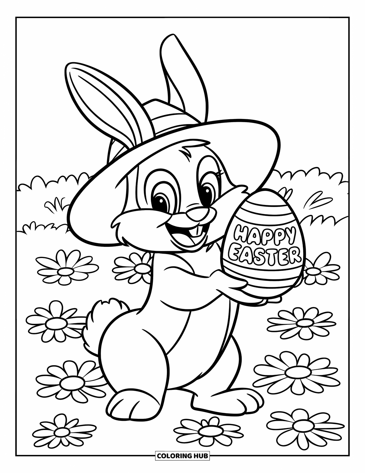 Happy Easter Coloring Page for Kids: Hat-wearing bunny holds an egg in a bright flower field