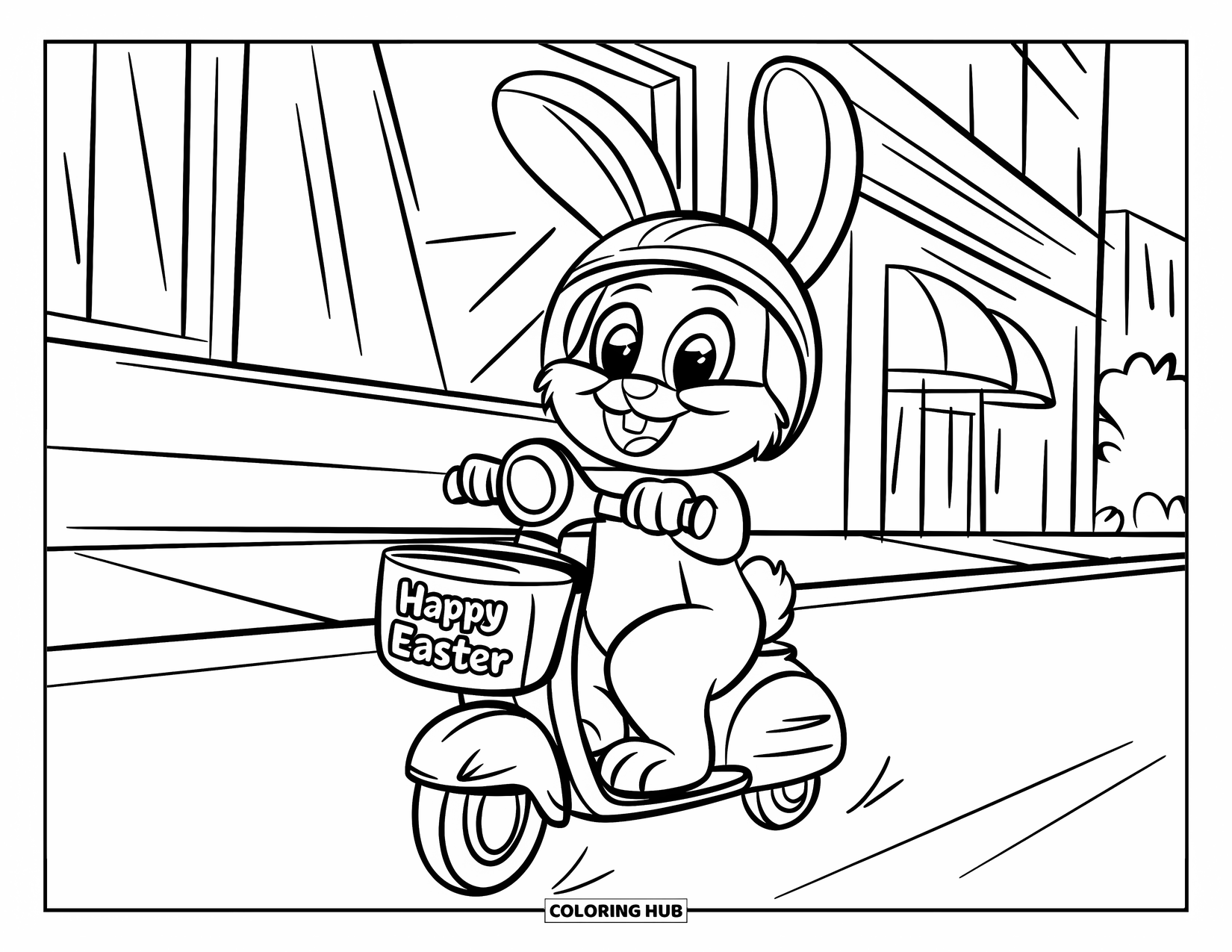 Happy Easter Coloring Page for Kids: Helmeted bunny happily rides a scooter through the city with an Easter basket