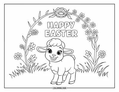 Iloinen pääsiäisvärityskuva lapsille: Karitsa hymyilee kukkakaaren alla ja "Happy Easter" on päällä
