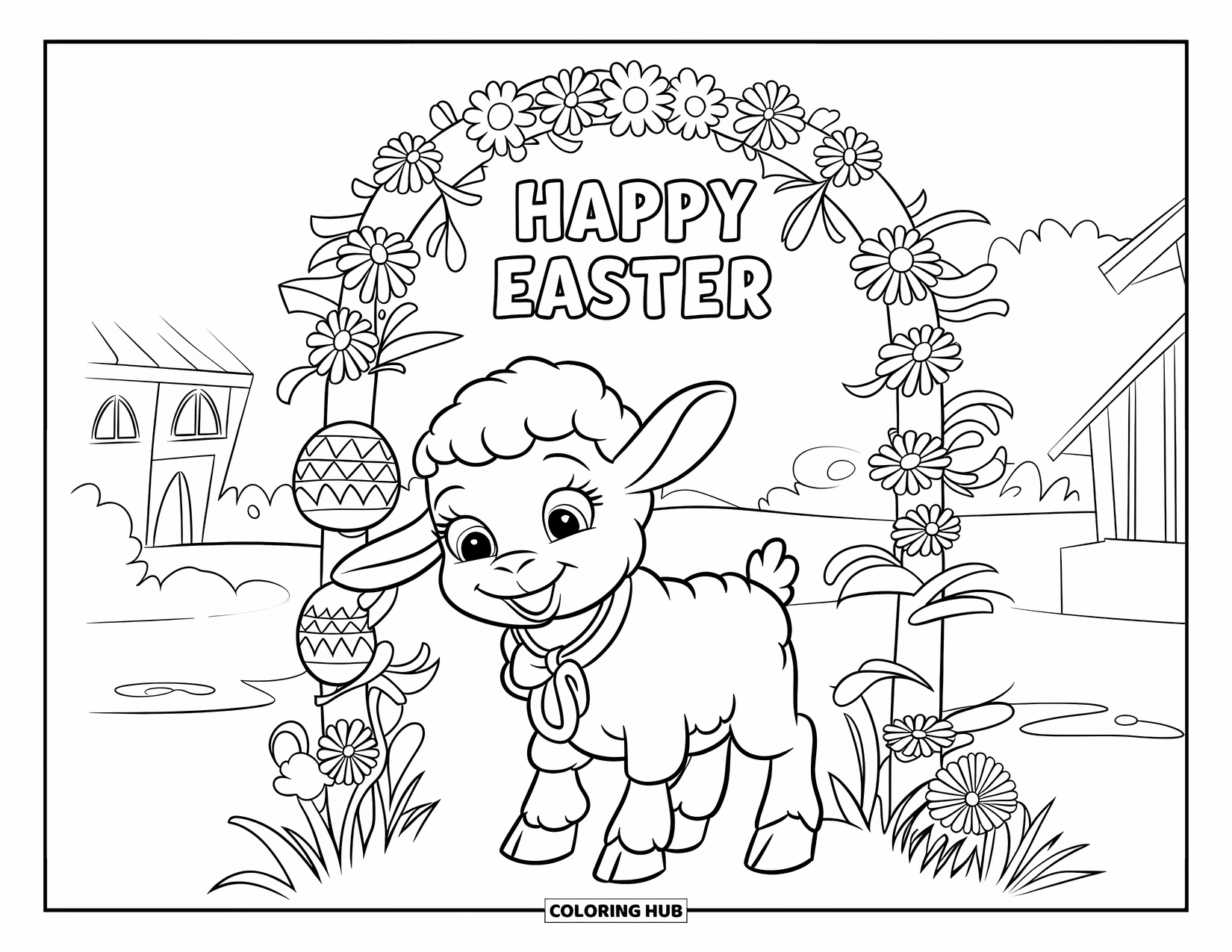 Happy Easter Coloring Page for Kids: Lamb with a ribbon stands beneath flowers and an Easter greeting