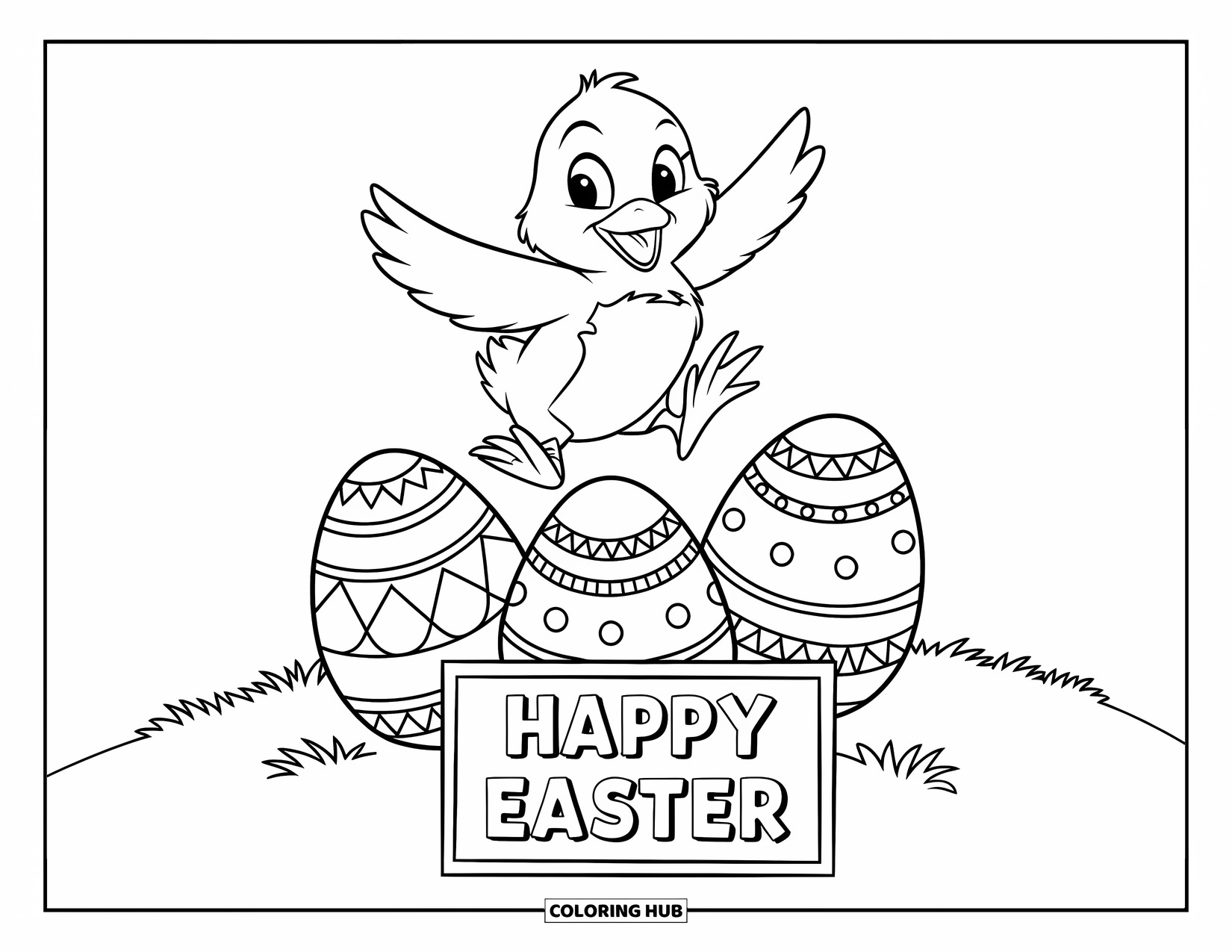 Happy Easter Coloring Page for Kids: Playful chick hops over eggs next to a "Happy Easter" hill sign