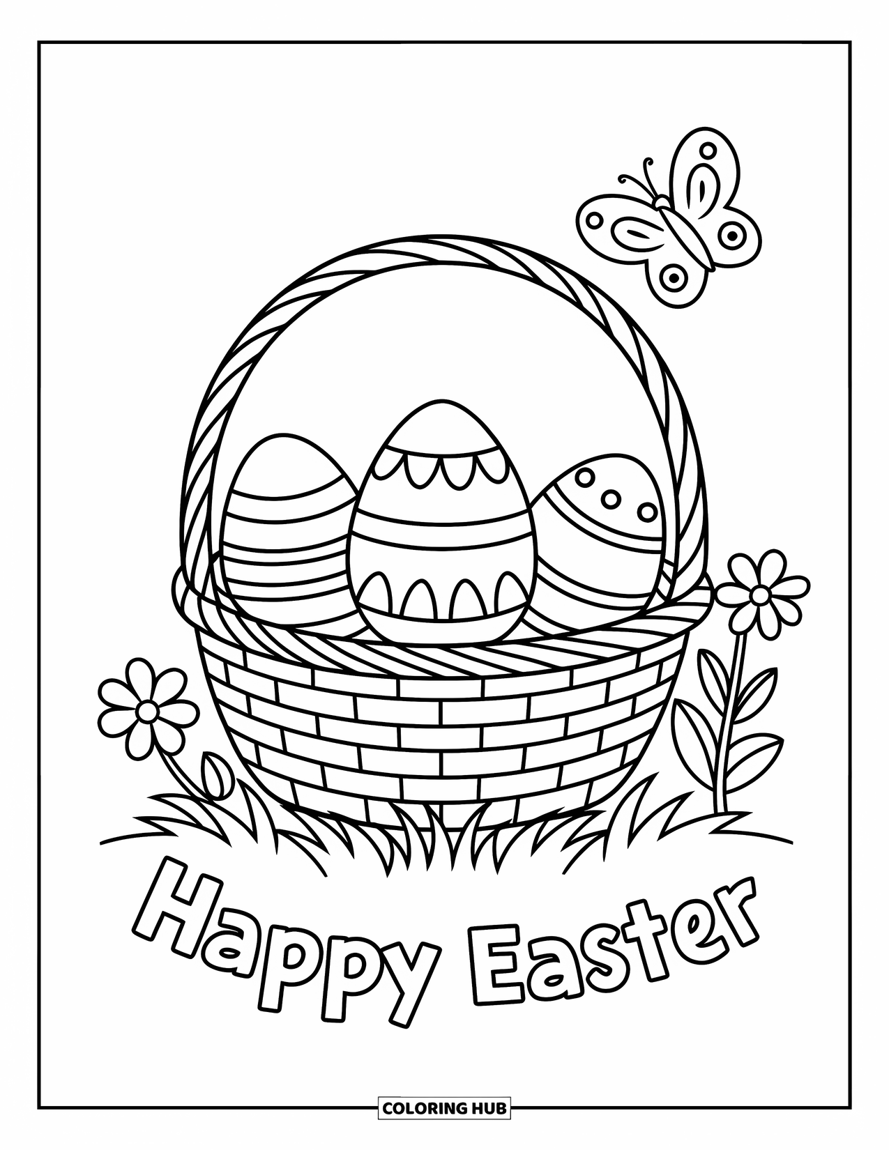 Happy Easter Coloring Page for Kids: Simple basket holds three decorated eggs with "Happy Easter" written below