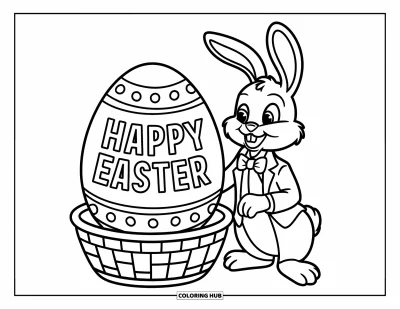 Iloinen pääsiäisvärityskuva lapsille: Tyylikäs pukupupu istuu ison munan vieressä, jossa lukee "Happy Easter"