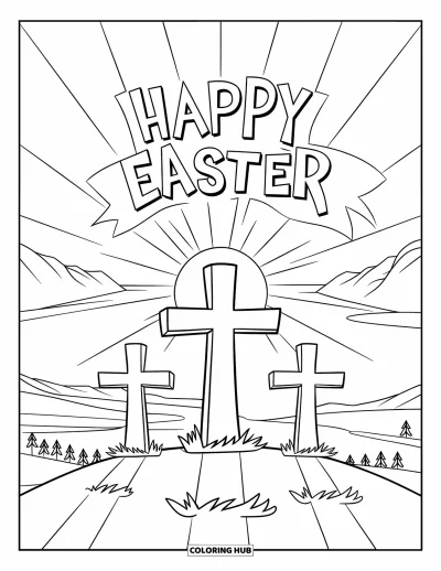 Iloinen pääsiäisvärityskuva lapsille: Aurinko nousee kolmen ristin takaa ja nauhassa lukee "Happy Easter"