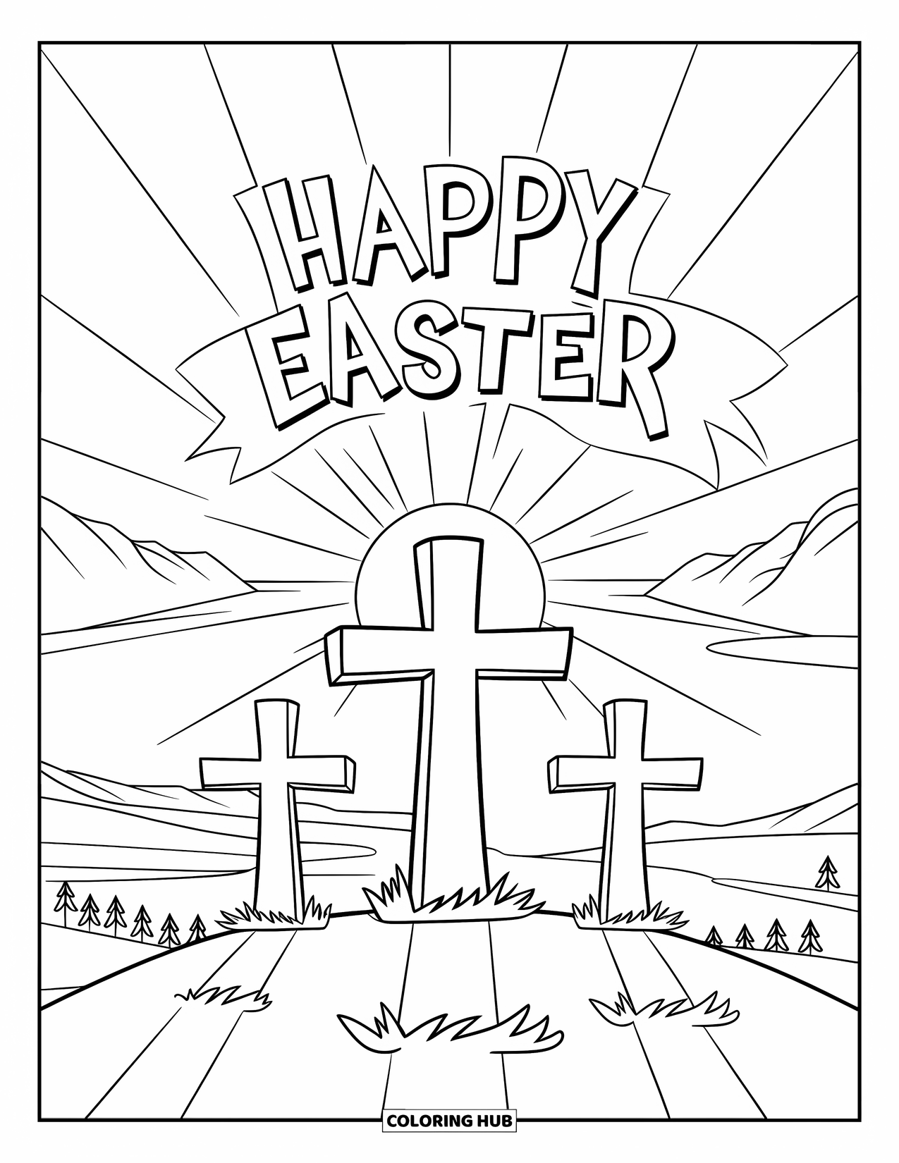 Happy Easter Coloring Page for Kids: Sun rises behind three crosses and ribbon text saying "Happy Easter"