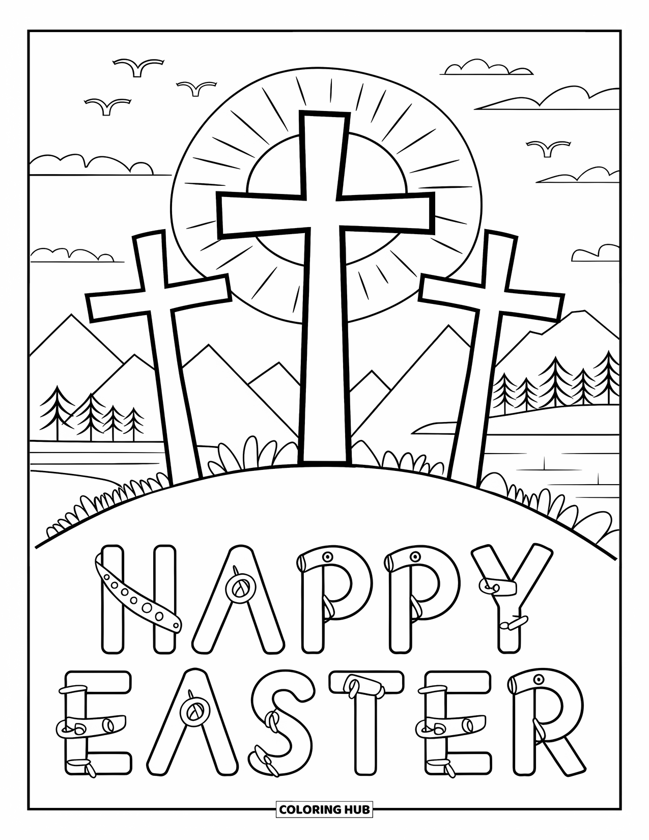 Happy Easter Coloring Page for Kids: Three crosses on a peaceful hill with mountains and birds, saying "Happy Easter"