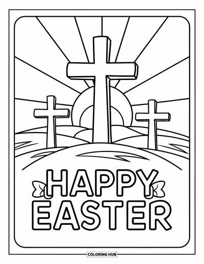Iloinen pääsiäisvärityskuva lapsille: Kolme ristiä nousee auringonnousun aikaan, "Happy Easter" -nauha alla