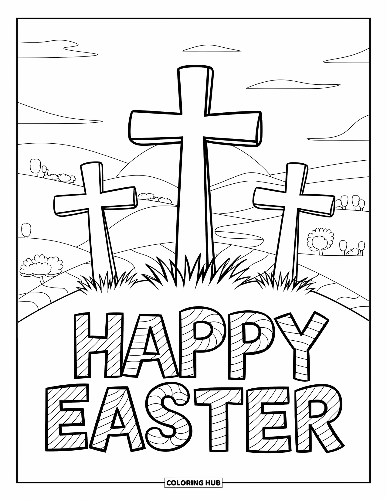 Happy Easter Coloring Page for Kids: Three crosses stand on a hill at sunrise with "Happy Easter" written above