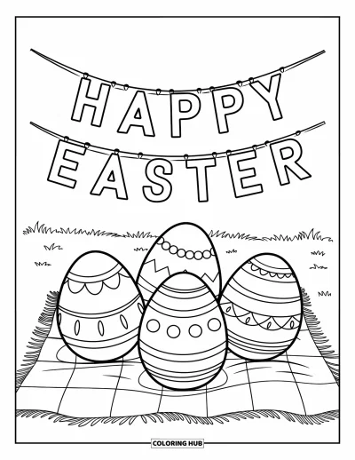 Iloinen pääsiäisvärityskuva lapsille: Kolme pääsiäismunaa piknikihuovalla "Happy Easter" -viirin alla