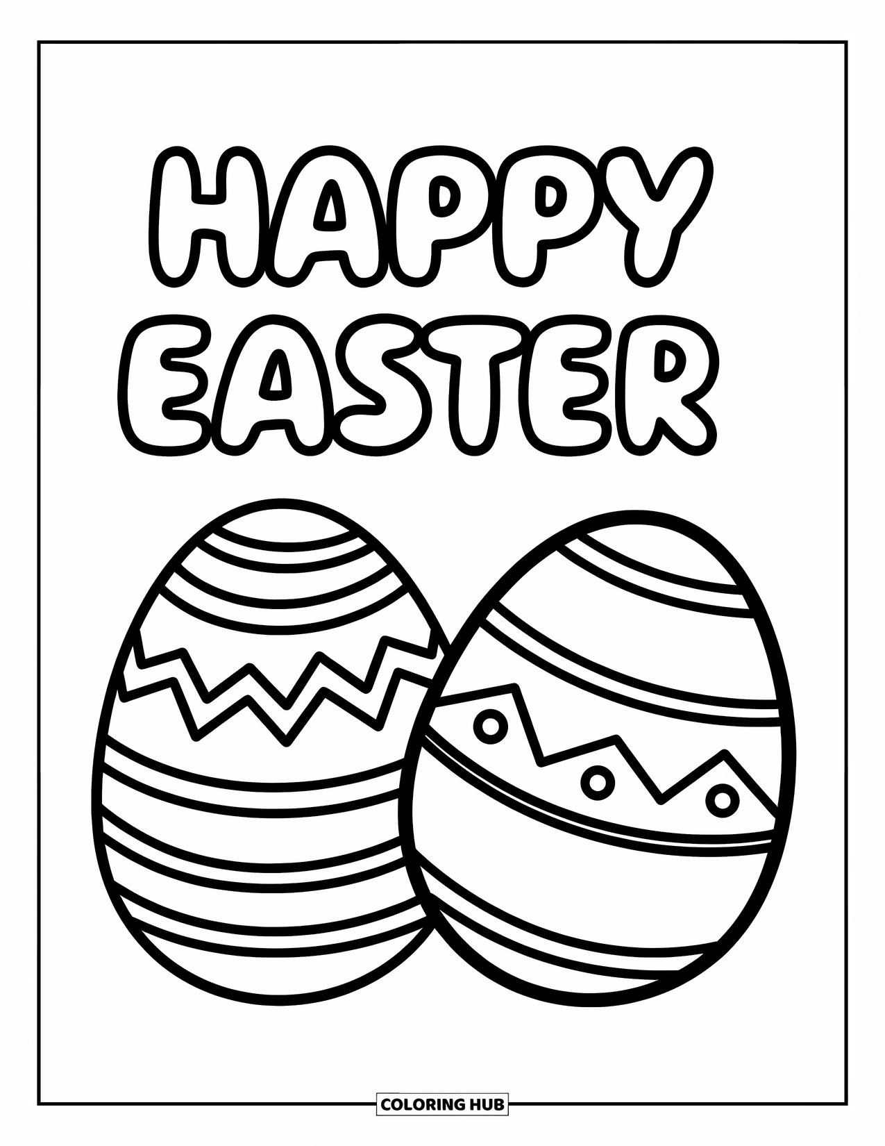 Happy Easter Coloring Page for Kids: Two large eggs sit side by side with "Happy Easter" above