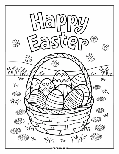 Iloinen pääsiäisvärityskuva lapsille: Punottu kori pitää pääsiäismunat kukkien ja "Happy Easter" -kyltin kanssa