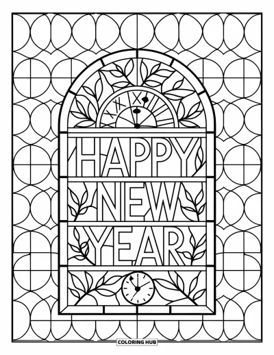 Coloriage Bonne Année pour adultes : Vitrail en arc avec des horloges du Nouvel An et des feuilles