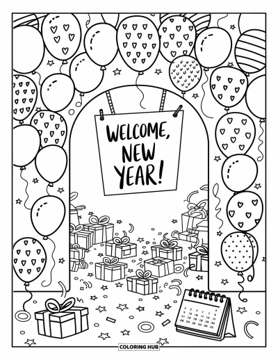 Coloriage Bonne Année pour adultes : Arche de ballons affichant "Welcome, New Year !" au-dessus de cadeaux et de confettis