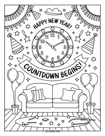 Coloriage Bonne Année pour adultes : Une banderole et une horloge marquent le compte à rebours avec des confettis et des cierges magiques
