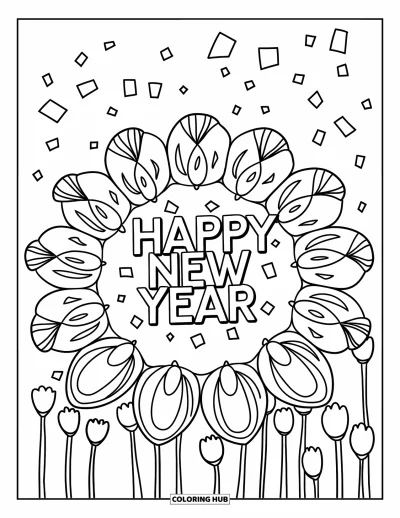 Coloriage Bonne Année pour adultes : Mandala en fleurs avec "Happy New Year" au centre