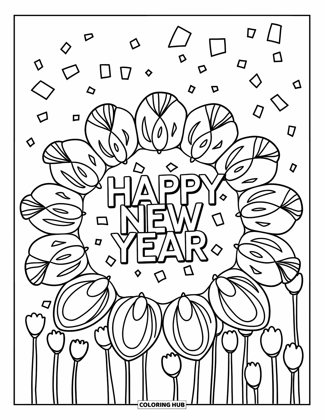 Silvester-Ausmalbild für Erwachsene: Blühendes Mandala mit 