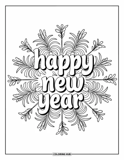 Coloriage Bonne Année pour adultes : Mandala botanique de feux d'artifice et de lierre encadrant une calligraphie du Nouvel An