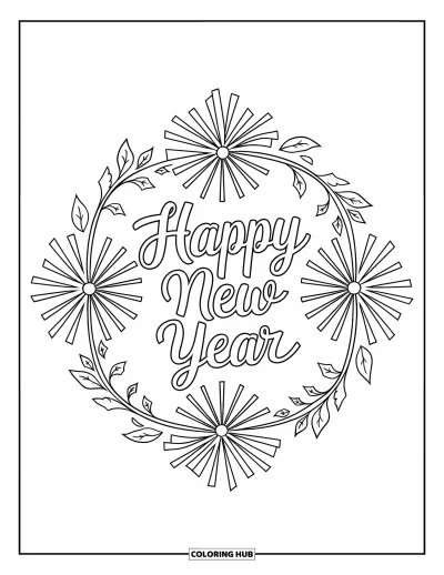 Coloriage Bonne Année pour adultes : "Happy New Year" en calligraphie entouré de feux d'artifice et de lierre