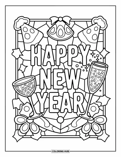 Coloriage Bonne Année pour adultes : Du champagne et des fleurs décorent un vitrail rectangulaire du Nouvel An