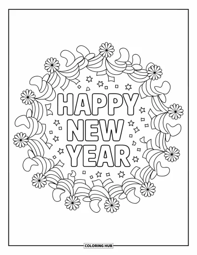 Coloriage Bonne Année pour adultes : Un mandala circulaire de fleurs et de confettis entoure un message du Nouvel An