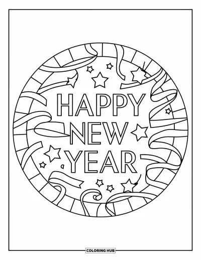 Coloriage Bonne Année pour adultes : Vitrail circulaire d'étoiles et de serpentins encadrant le texte du Nouvel An