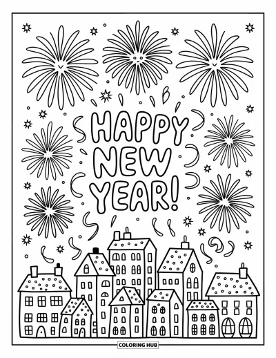 Coloriage Bonne Année pour adultes : La silhouette de la ville brille sous des feux d'artifice au-dessus de "Happy New Year"