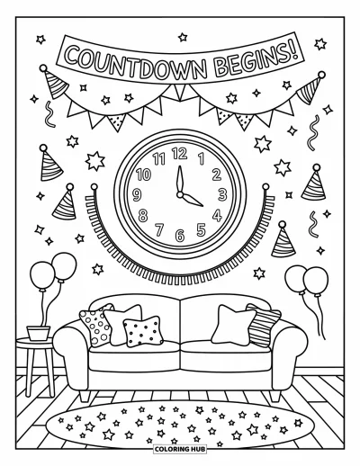 Coloriage Bonne Année pour adultes : Horloge proche de minuit encadrée de chapeaux, de guirlandes et de ballons