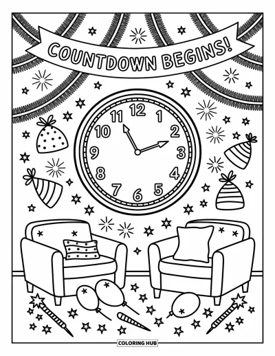Coloriage Bonne Année pour adultes : Horloge indiquant minuit entourée de cornes de fête et de guirlandes