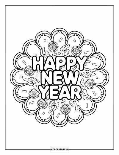 Coloriage Bonne Année pour adultes : Mandala de confettis et de fleurs avec "Happy New Year" au centre