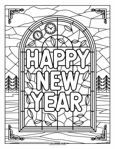 Coloriage Bonne Année pour adultes : Arc de vitrail décoratif avec le message "Happy New Year"