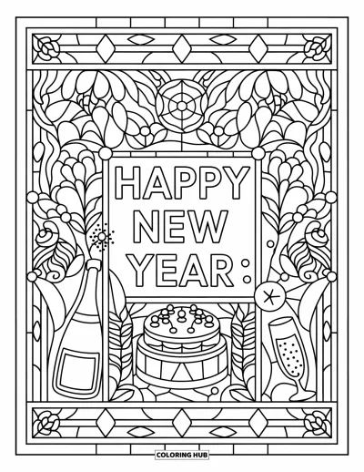 Coloriage Bonne Année pour adultes : Panneau détaillé de motifs festifs avec "Happy New Year" à l'intérieur