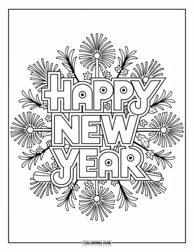 Coloriage Bonne Année pour adultes : Calligraphie élégante encadrée de feux d'artifice et d'un mandala de lierre
