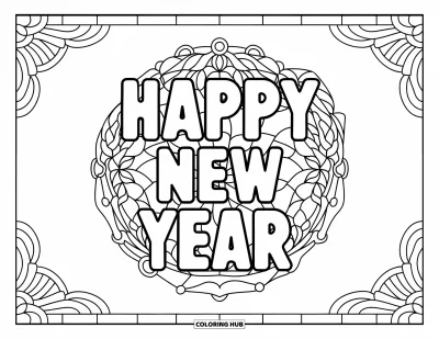 Coloriage Bonne Année pour adultes : Une couronne festive encadre "Happy New Year" avec des motifs de vitrail complexes