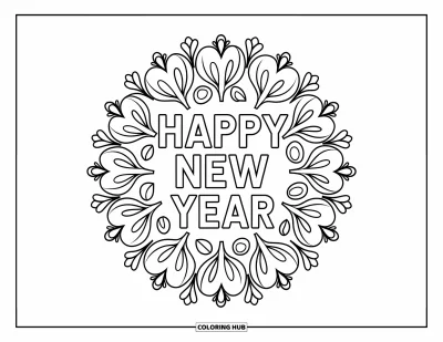 Coloriage Bonne Année pour adultes : Des mandalas floraux éclatants mettent en valeur un texte "Happy New Year" en gras