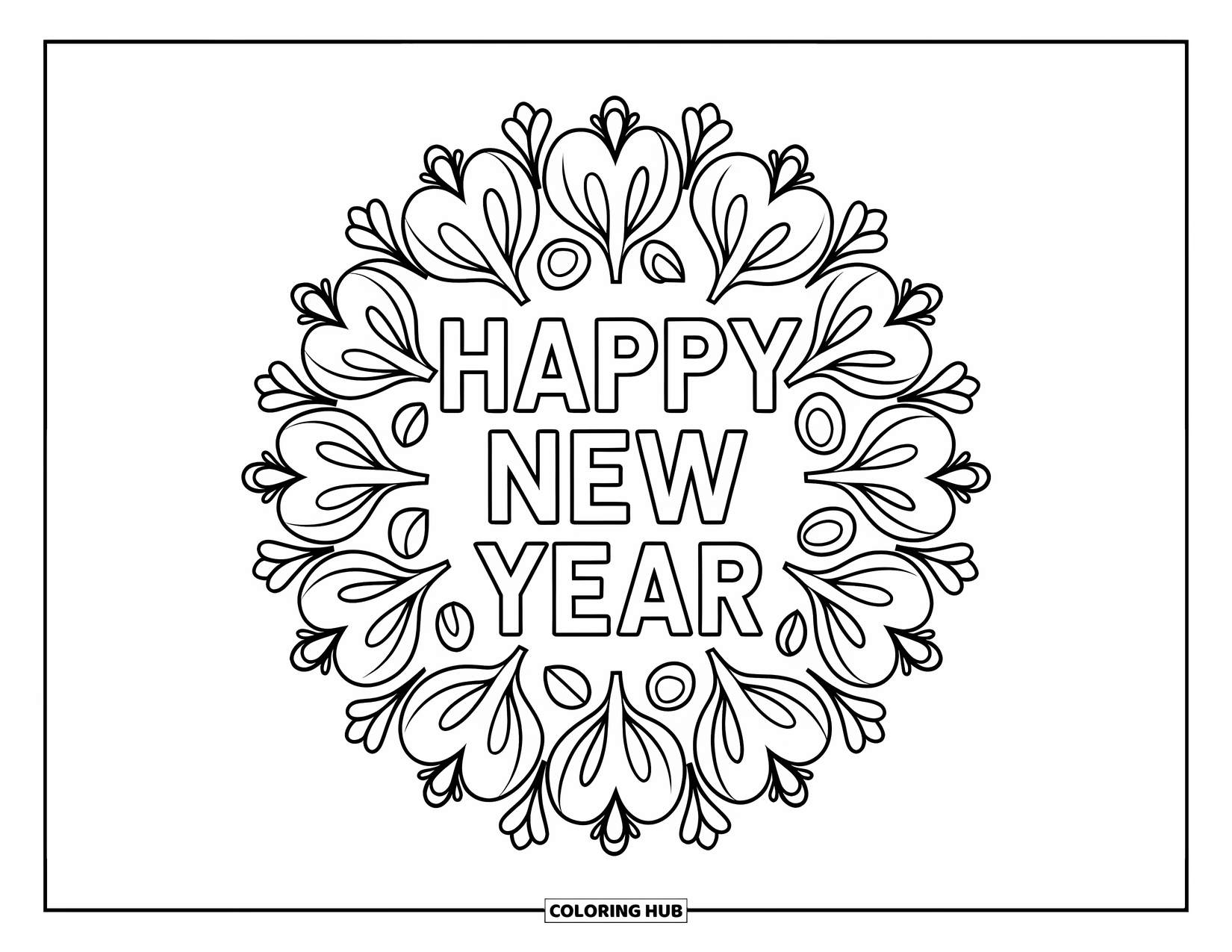 Silvester-Ausmalbild für Erwachsene: Blumen-Mandala-Ausbrüche betonen fetten 