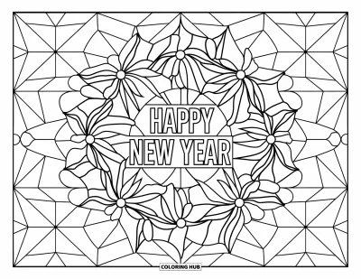 Coloriage Bonne Année pour adultes : Une couronne florale et un vitrail entourent un texte "Happy New Year" en gras