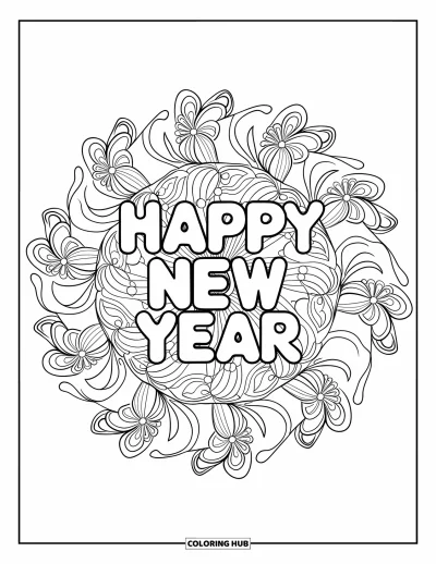Coloriage Bonne Année pour adultes : "Happy New Year" au sommet d'un mandala de confettis et de fleurs