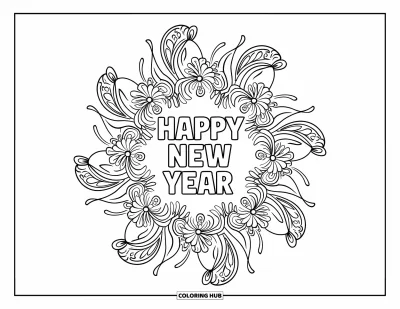 Coloriage Bonne Année pour adultes : "Happy New Year" cerclé de feux d'artifice en mandala floral
