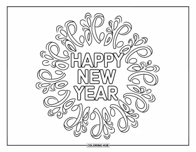 Coloriage Bonne Année pour adultes : "Happy New Year" encadré par des mandalas floraux de feux d'artifice