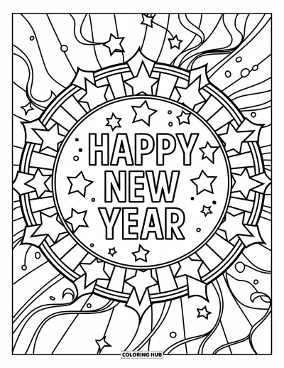 Coloriage Bonne Année pour adultes : Cadre circulaire complexe d'étoiles et de serpentins avec un message du Nouvel An