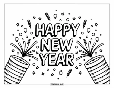 Coloriage Bonne Année pour adultes : Des ballons joyeux et des étoiles encadrent un message festif du Nouvel An