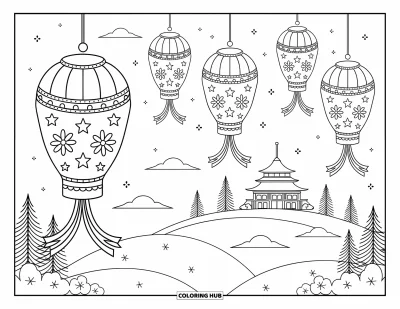 Coloriage Bonne Année pour adultes : Lanternes décorées d'étoiles flottant sous un ciel nocturne étoilé
