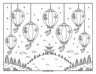 Coloriage Bonne Année pour adultes : Des lanternes s'élèvent avec des rubans au-dessus de collines et de pins
