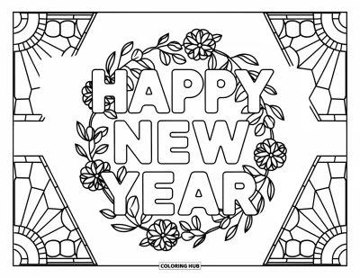 Coloriage Bonne Année pour adultes : Grand "Happy New Year" encadré par une couronne de vitrail floral