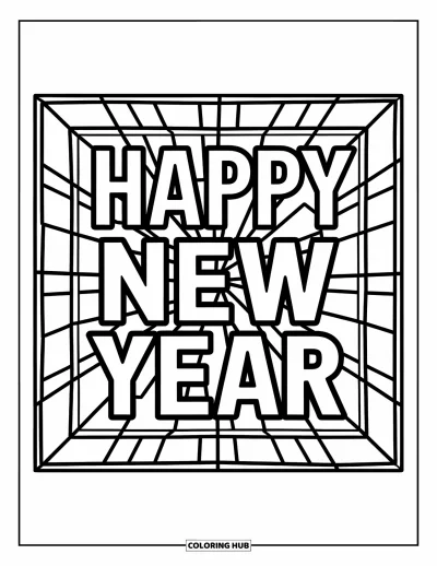 Coloriage Bonne Année pour adultes : Vitrail en soleil superposé encadrant un message festif du Nouvel An