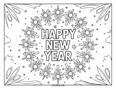 Coloriage Bonne Année pour adultes : Des feux d'artifice en mandala entourent un joyeux message "Happy New Year"