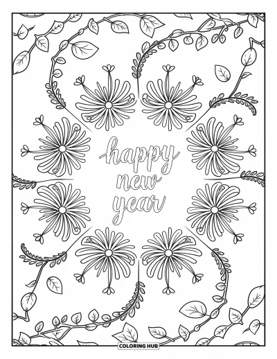 Coloriage Bonne Année pour adultes : Message du Nouvel An cerclé de feux d'artifice et de lierre en style mandala