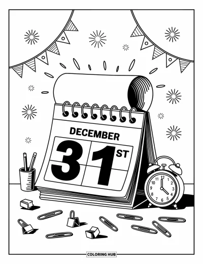 Coloriage Bonne Année pour adultes : La page se tourne sur le 1er janvier avec des confettis et des serpentins festifs