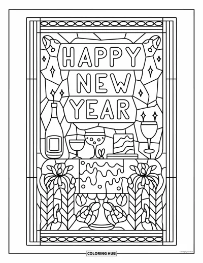 Coloriage Bonne Année pour adultes : Panneau de vitrail sur le thème de la fête avec le texte "Happy New Year"