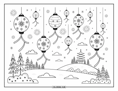 Coloriage Bonne Année pour adultes : Lanternes à motifs dérivant au-dessus d'une pagode lointaine et d'arbres